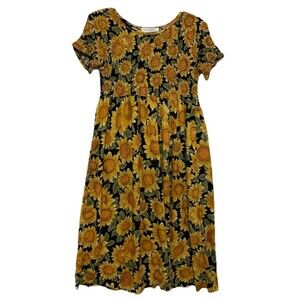 Impressions Of California Sunflower Midi Dress Smocked Floral Boho Cottagecore